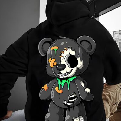 Чоловіче Чорне Оверсайз Худі з Принтом Ведмедик