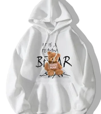 Чоловіче Тепле Біле Оверсайз Худі на Флісі з Принтом "Bear"