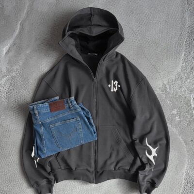 Чоловіча Темно-Сіра Кофта Зіпка з Вшитою Балаклавою - Зіп Худі на Блискавці з Рефлективними Принтами