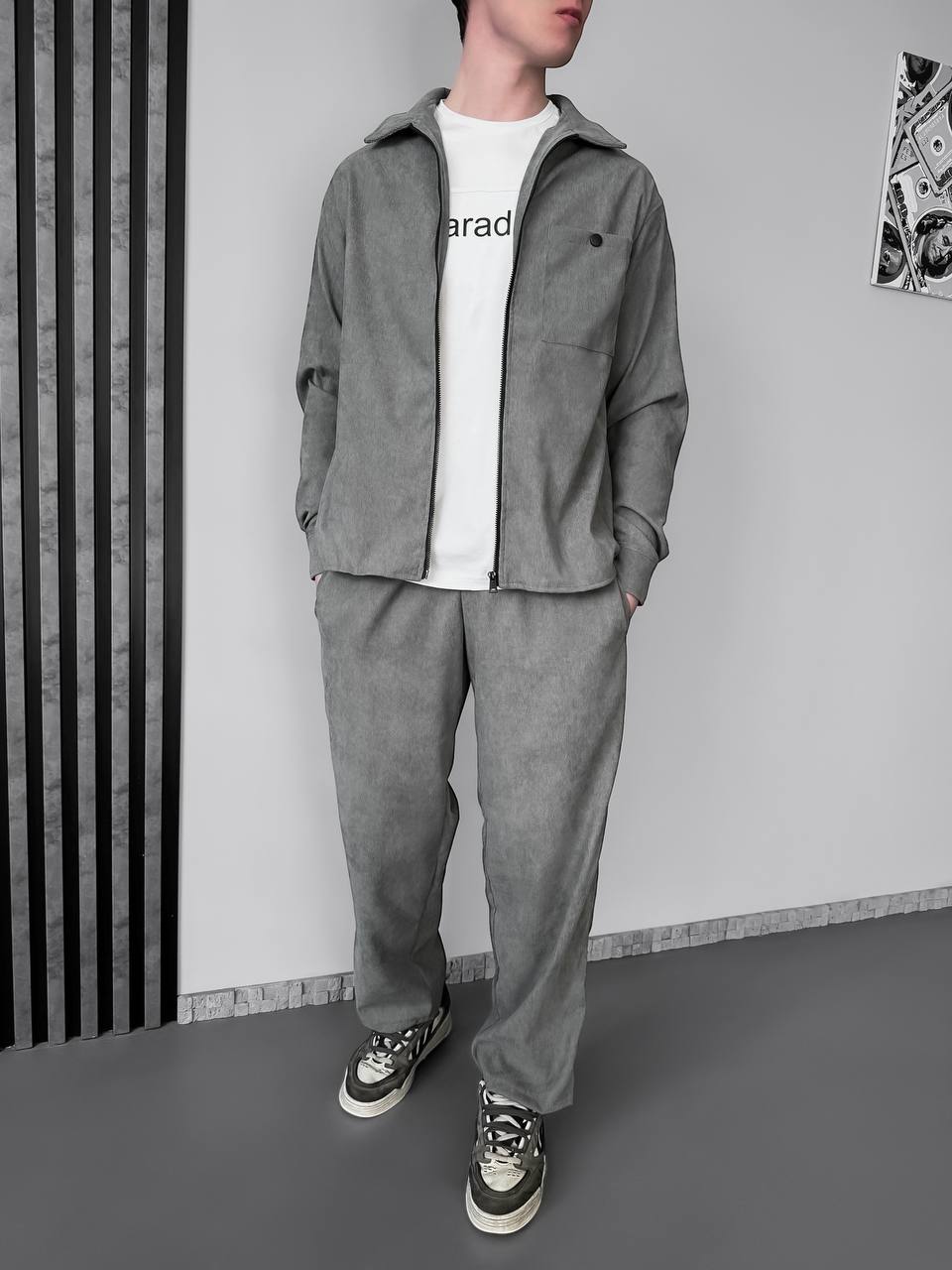 Чоловічий Сірий Вельветовий Костюм на Блискавці - Кофта Бомбер + Штани