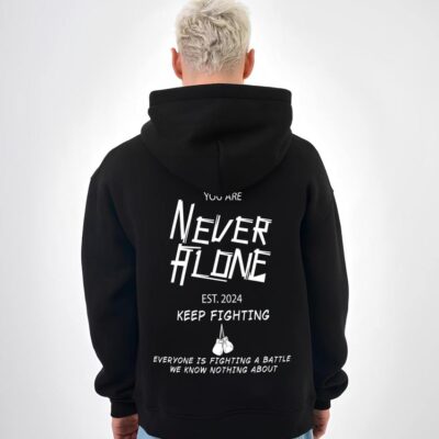 Чоловіче Вільне Чорне Худі "Never Alone" Оверсайз - Тринитка на Флісі