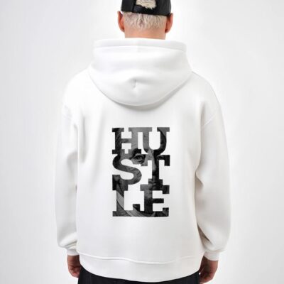 Чоловіче Вільне Біле Худі "HUSTLE" Оверсайз - Тринитка на Флісі