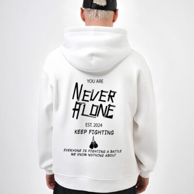 Чоловіче Вільне Біле Худі "Never Alone" Оверсайз - Тринитка на Флісі