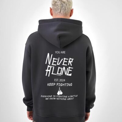 Чоловіче Вільне Графітове Худі "Never Alone" Оверсайз - Тринитка на Флісі
