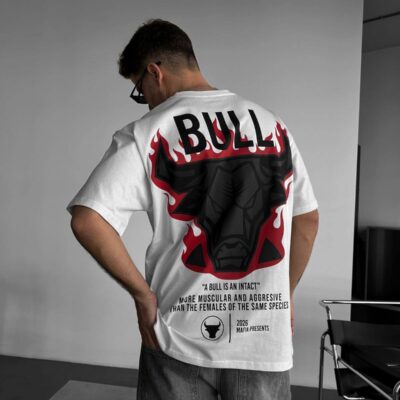 Чоловіча Біла Футболка "Bull" Оверсайз - Бавовняна з Принтом на Спині