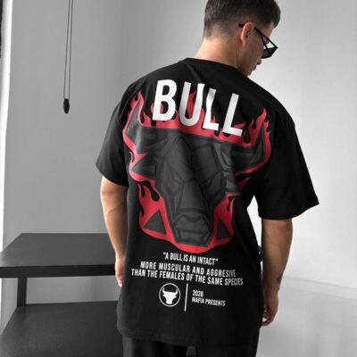 Чоловіча Чорна Футболка "Bull" Оверсайз - Бавовняна з Принтом на Спині