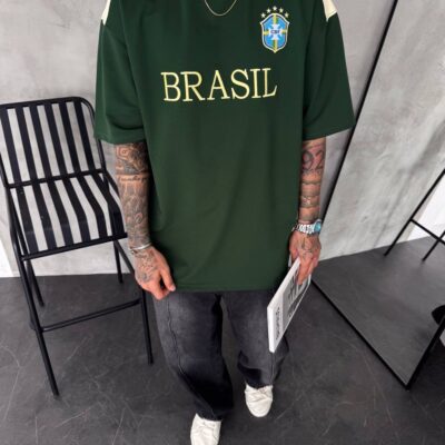 Чоловіча Зелена Футболка Оверсайз з Вишитим Написом “BRASIL”