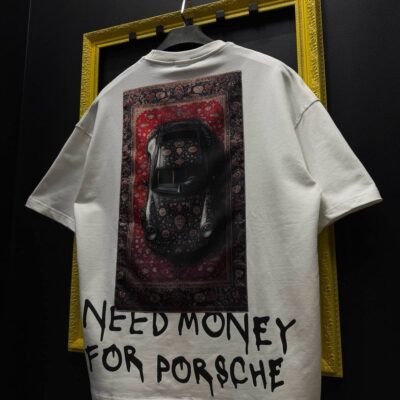 Чоловіча Біла Футболка "Need money for Porsche" Оверсайз - Бавовняна з Принтом на Спині