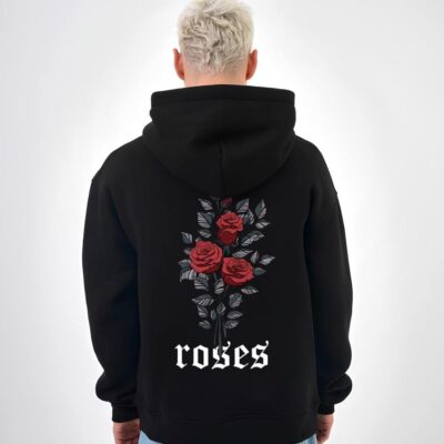 Чоловіче Вільне Чорне Худі Тринитка Оверсайз з Принтом "Roses"