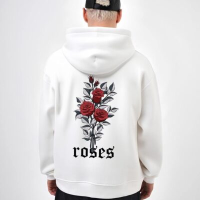 Чоловіче Вільне Біле Худі Тринитка Оверсайз з Принтом "Roses"