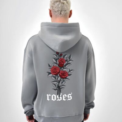 Чоловіче Вільне Сіре Худі Тринитка Оверсайз з Принтом "Roses"