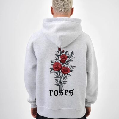 Чоловіче Вільне Худі Сіре Меланж Тринитка Оверсайз з Принтом "Roses"