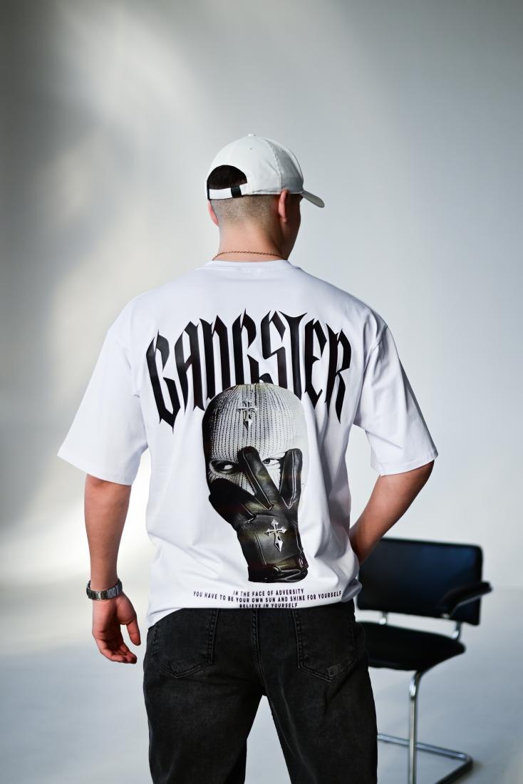 Чоловіча Біла Футболка Оверсайз - Об'ємна Бавовняна з Принтом Gangster на Спині