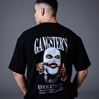Чоловіча Чорна Футболка Оверсайз – Об’ємна Бавовняна з Принтом Gangster's на Спині