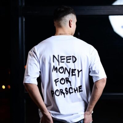 Чоловіча Біла Оверсайз Футболка "Need Money For Porsche" з Написом на Спині