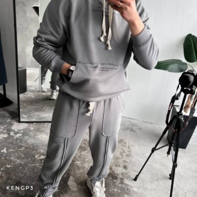 Чоловічий Сірий Спортивний Костюм Петля Оверсайз зі Швами Назовні (Худі + Джогери)