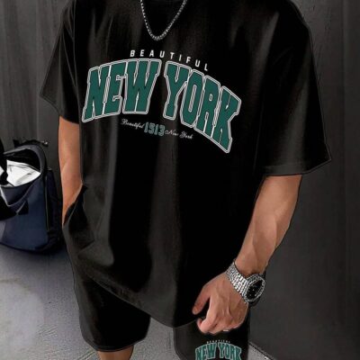 Чоловічий Літній Чорний Костюм Комплект "New York" Вільного Крою - Футболка + Шорти
