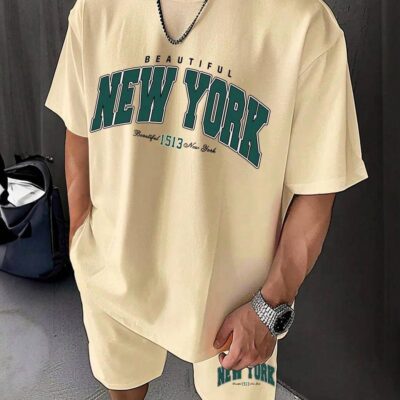 Чоловічий Літній Бежевий Костюм Комплект "New York" Вільного Крою - Футболка + Шорти