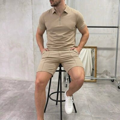Чоловічий Базовий Літній Бежевий Костюм Комплект Двонитка - Футболка Поло та Шорти