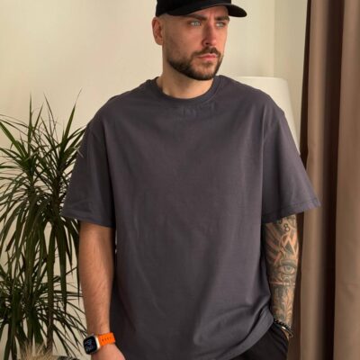 Чоловіча Базова Бавовняна Графітова Футболка - Однотонна Оверсайз з Круглим Вирізом