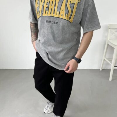 Чоловіча Сіра Футболка Оверсайз - Варена з Написом “EVERLAST”