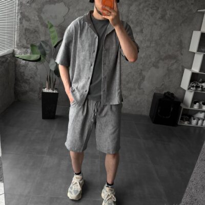 Чоловічий Вільний Лляний Літній Костюм Сірий Меланж (Шведка + Шорти)