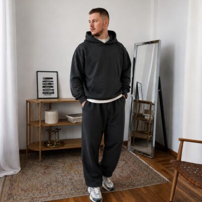 Чоловічий Базовий Графітовий Спортивний Костюм Оверсайз на Весну Осінь (Худі + Штани)