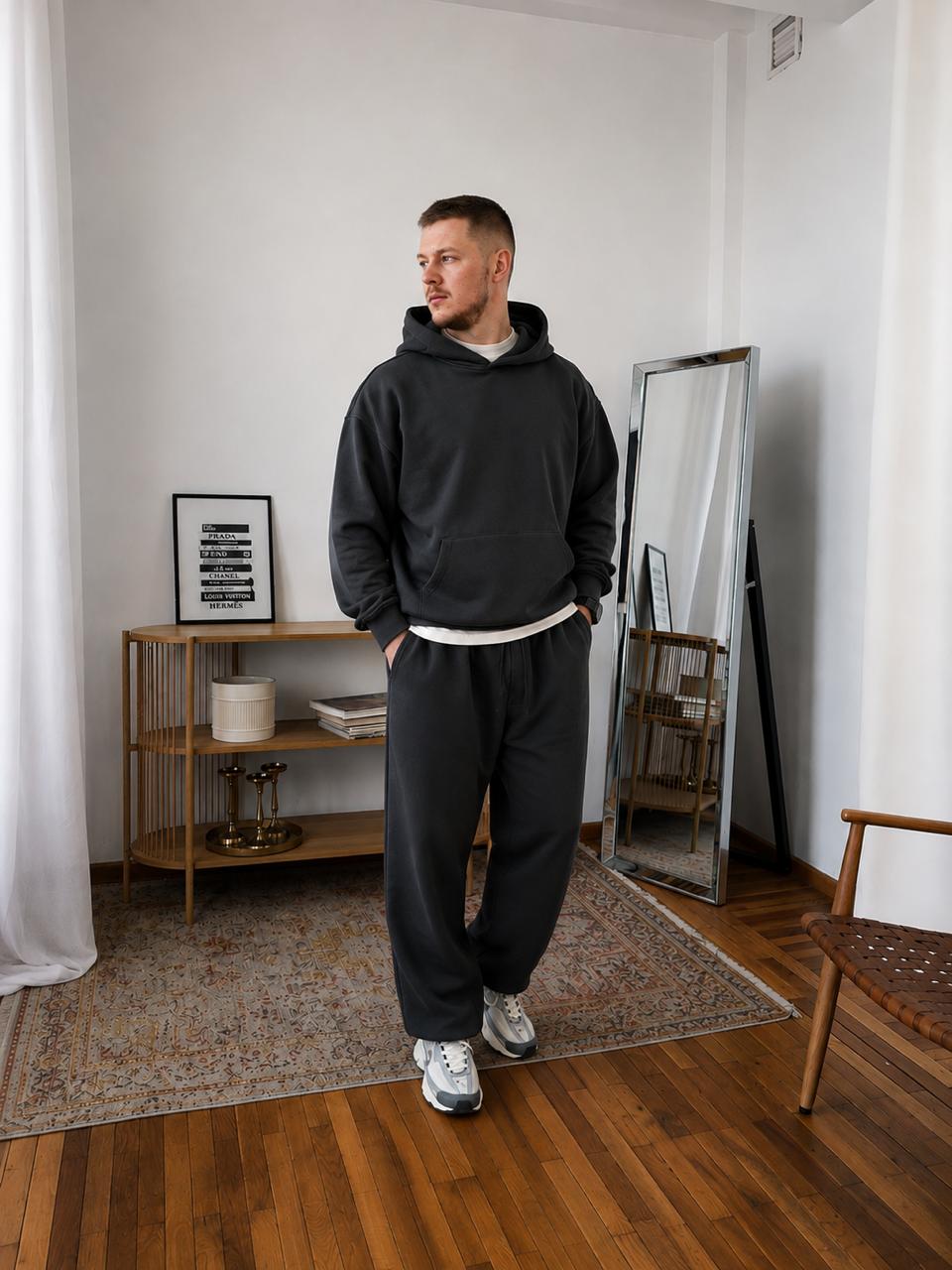 Чоловічий Базовий Графітовий Спортивний Костюм Оверсайз на Весну Осінь (Худі + Штани)