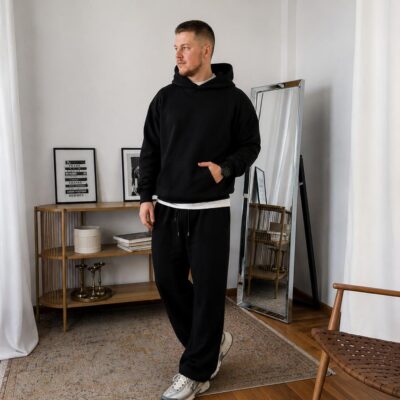 Чоловічий Базовий Чорний Спортивний Костюм Оверсайз на Весну Осінь (Худі + Штани)