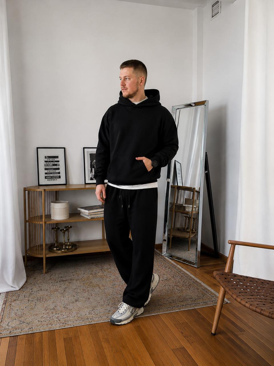 Чоловічий Базовий Чорний Спортивний Костюм Оверсайз на Весну Осінь (Худі + Штани)