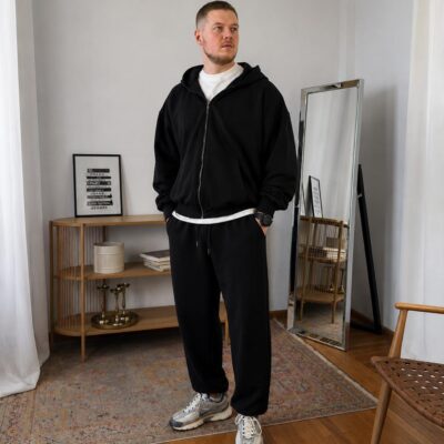 Чоловічий Базовий Чорний Спортивний Костюм Оверсайз на Блискавці - Зіп Худі + Штани