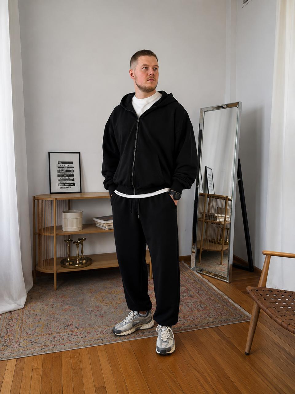 Чоловічий Базовий Чорний Спортивний Костюм Оверсайз на Блискавці – Зіп Худі + Штани